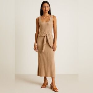 Sancia Ribbed Knit Maxi Dress XS Tan Beige Cotton Sleeveless Belted Tie Front